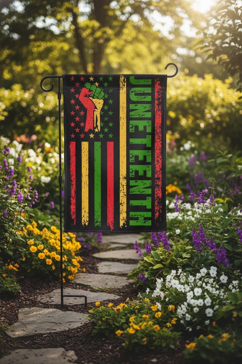 Juneteenth Garden Flag with Pan-African Colors and Raised Fist Design, Distressed Freedom Day Banner, Outdoor Yard Decor for Celebration