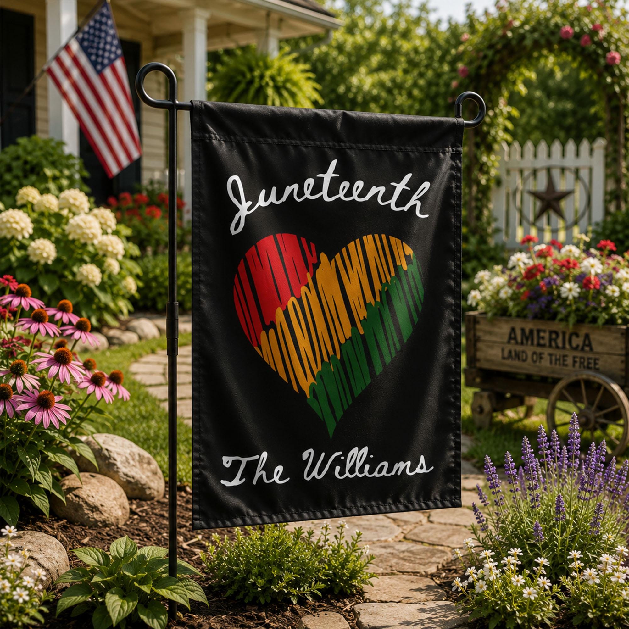Juneteenth Heart Garden Flag with Pan-African Colors, Custom Family Name Yard Sign for 1865 Freedom Day, Black Independence Celebration Decor
