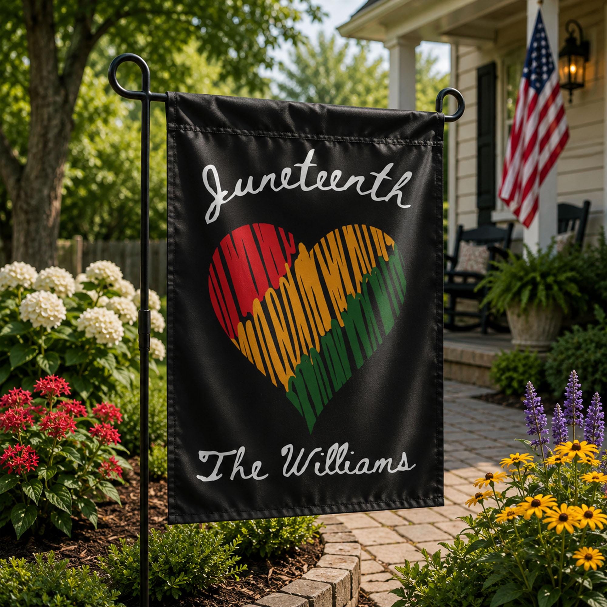 Juneteenth Heart Garden Flag with Pan-African Colors, Custom Family Name Yard Sign for 1865 Freedom Day, Black Independence Celebration Decor