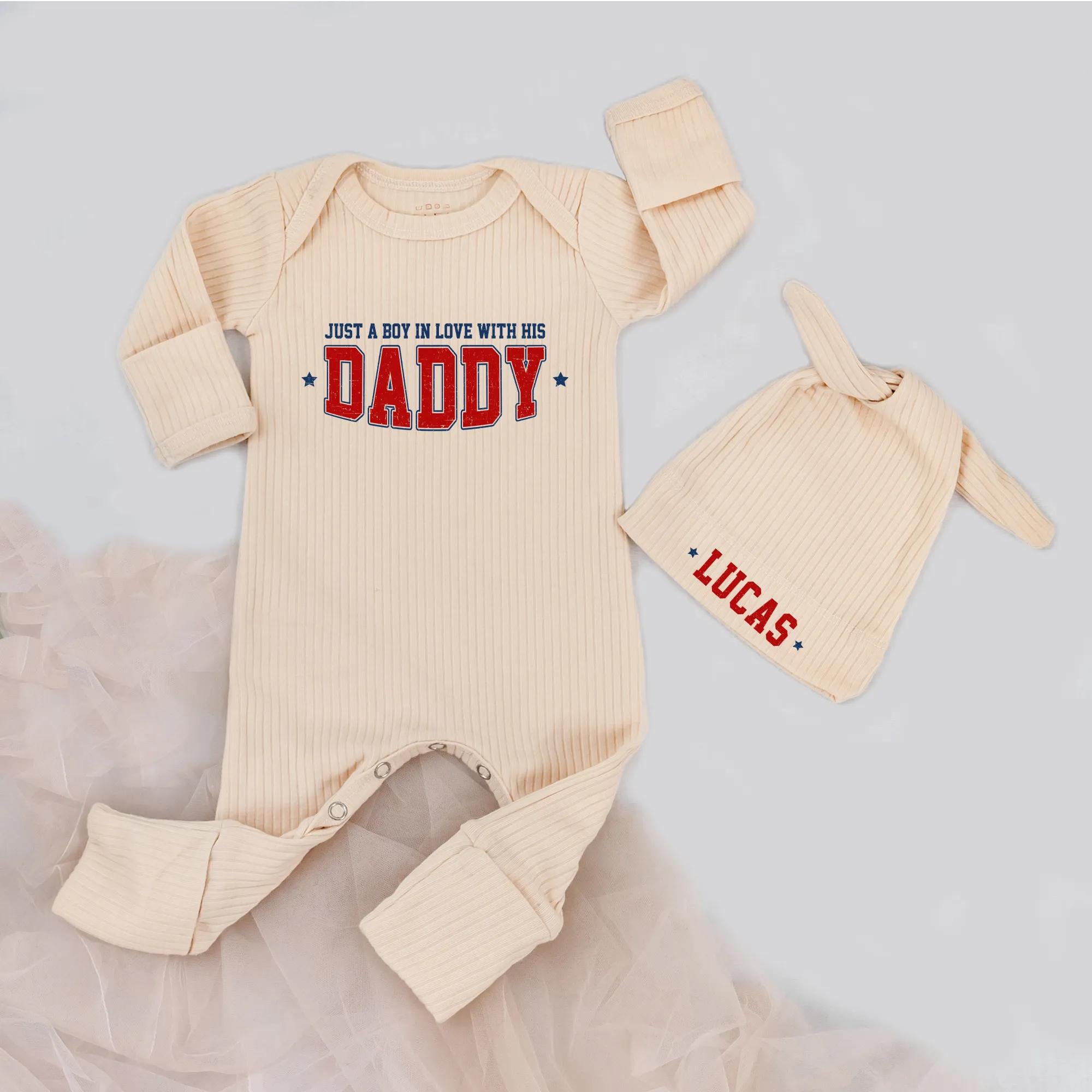 Just A Boy In Love With His Daddy Baby Bodysuit and Custom Name Hat Set, Newborn Coming Home Outfit for Baby Boy