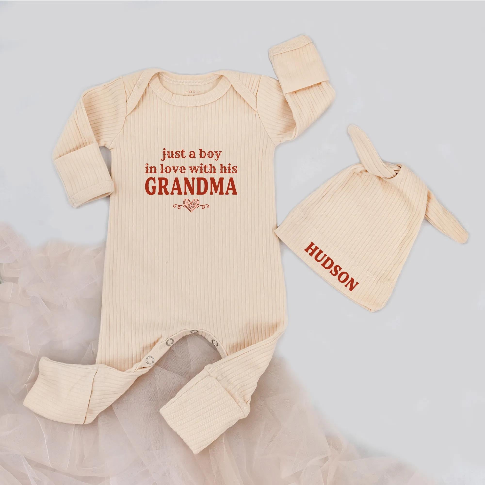 Just a Boy in Love with His Grandma Baby Romper and Custom Name Hat, Newborn Coming Home Outfit, Grandma's Boy Gift