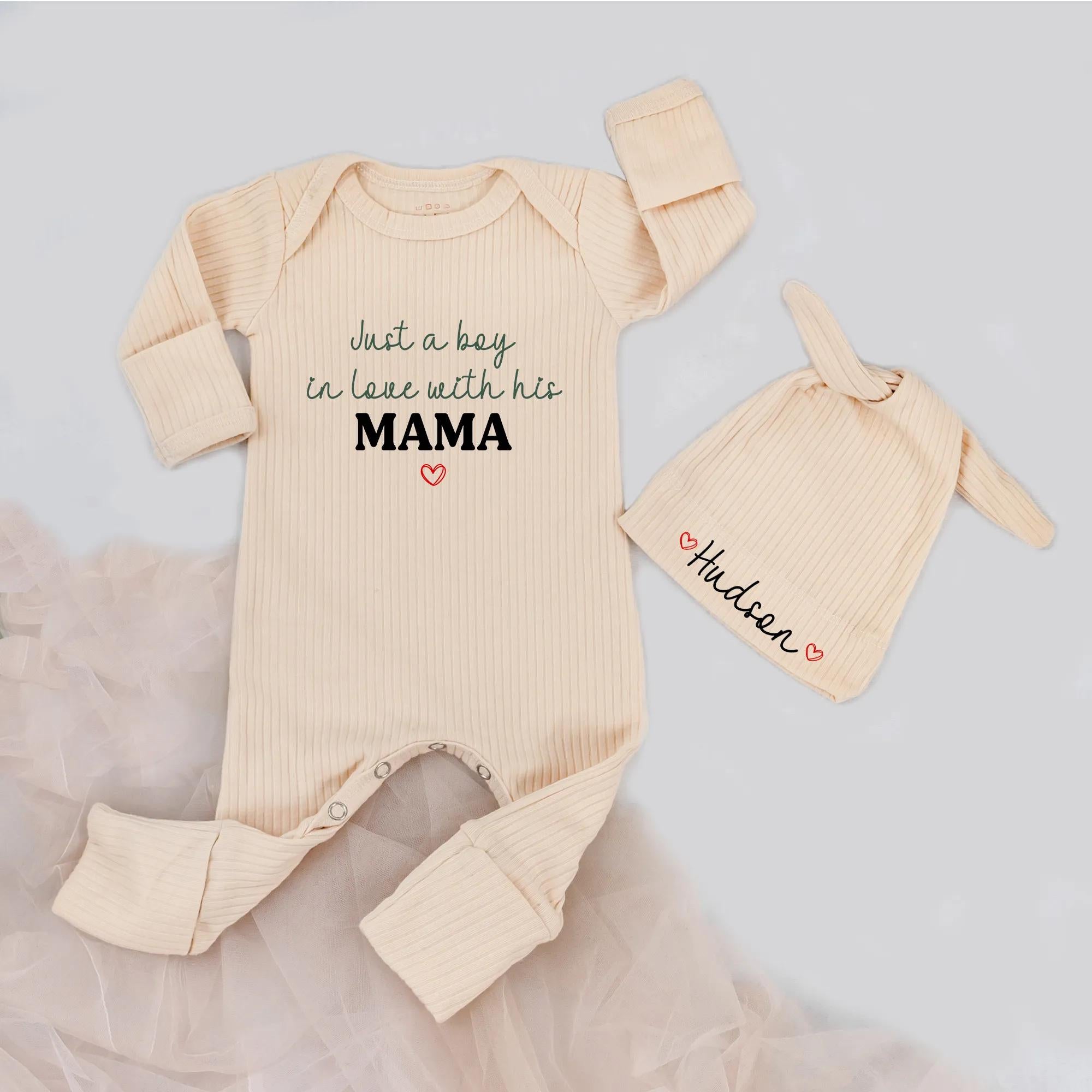 Just a Boy in Love with His Mama Baby Bodysuit and Hat Set, Cute Newborn Coming Home Outfit with Custom Name, Baby Shower Gift