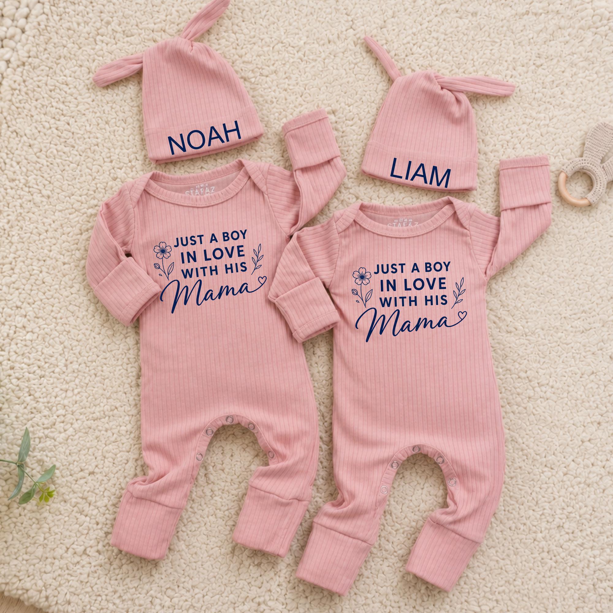 Just A Boy In Love With His Mama Twin Bodysuit Hat, Personalized Mother Son Baby Shower