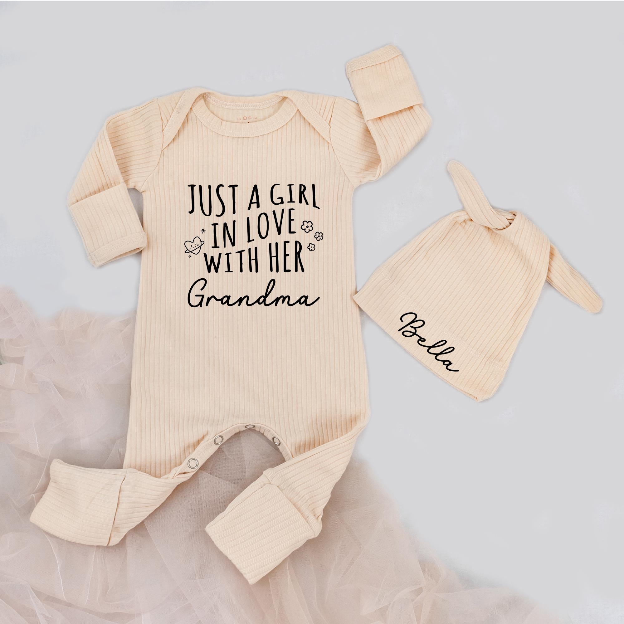 Just a Girl in Love With Her Grandma Outfit, Personalized Baby Girl Bodysuit, Granddaughter Gift with Name Hat, Baby Shower Gift