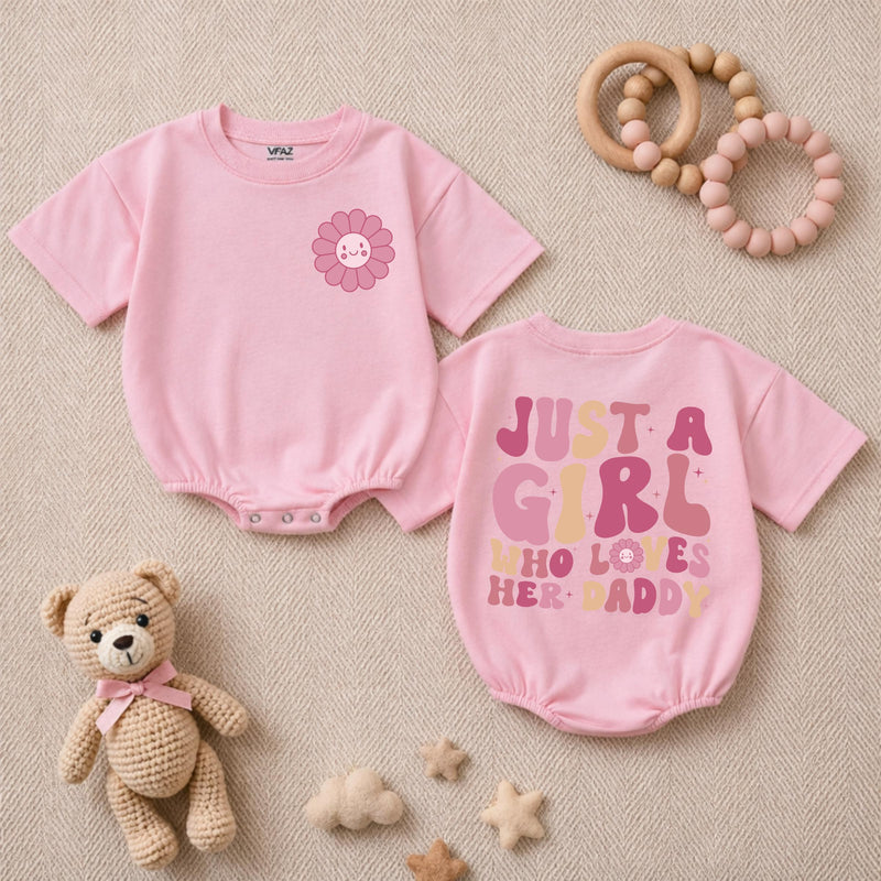 Just a Girl Who Loves Her Daddy Baby Romper, Cute Smile Flower Design, Soft Cotton Long Sleeve Bodysuit for Infant Girls, First Father's Day Outfit