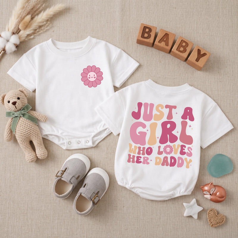 Just a Girl Who Loves Her Daddy Baby Romper, Cute Smile Flower Design, Soft Cotton Long Sleeve Bodysuit for Infant Girls, First Father's Day Outfit