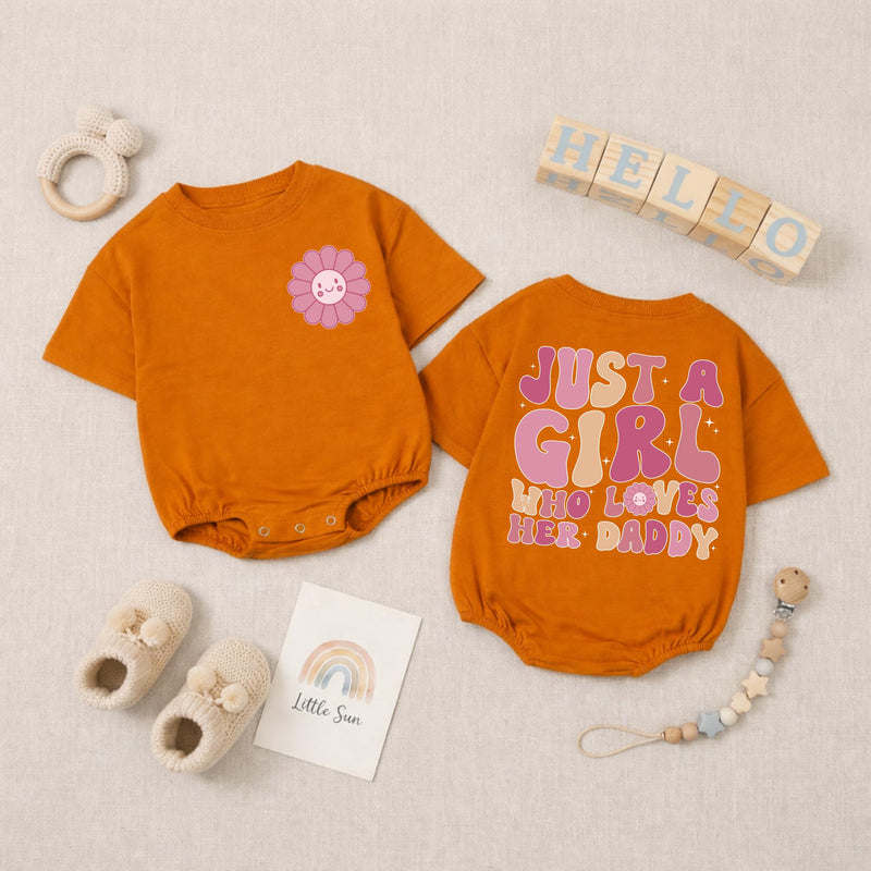 Just a Girl Who Loves Her Daddy Baby Romper, Cute Smile Flower Design, Soft Cotton Long Sleeve Bodysuit for Infant Girls, First Father's Day Outfit