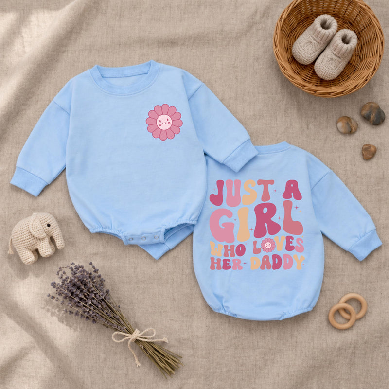 Just a Girl Who Loves Her Daddy Baby Romper, Cute Smile Flower Design, Soft Cotton Long Sleeve Bodysuit for Infant Girls, First Father's Day Outfit