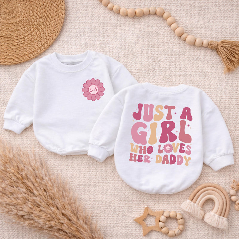 Just a Girl Who Loves Her Daddy Baby Romper, Cute Smile Flower Design, Soft Cotton Long Sleeve Bodysuit for Infant Girls, First Father's Day Outfit