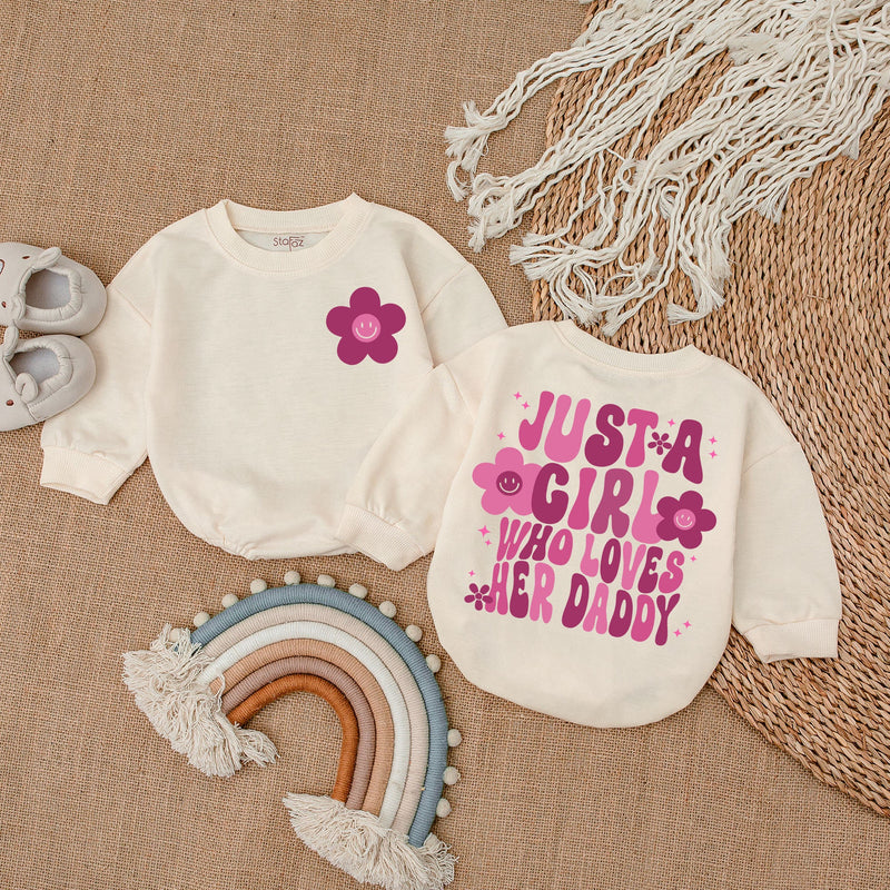 Just A Girl Who Loves Her Daddy Baby Romper, Long Sleeve Cotton Bodysuit, Floral Pink Print Outfit for Girls, Sweet Daddy's Girl Gift