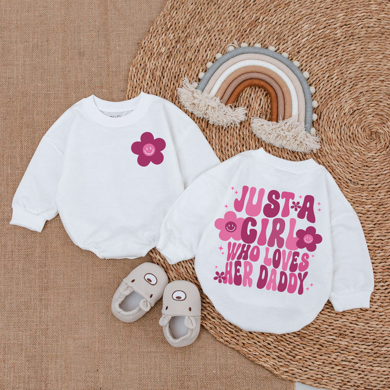 Just A Girl Who Loves Her Daddy Baby Romper, Long Sleeve Cotton Bodysuit, Floral Pink Print Outfit for Girls, Sweet Daddy's Girl Gift