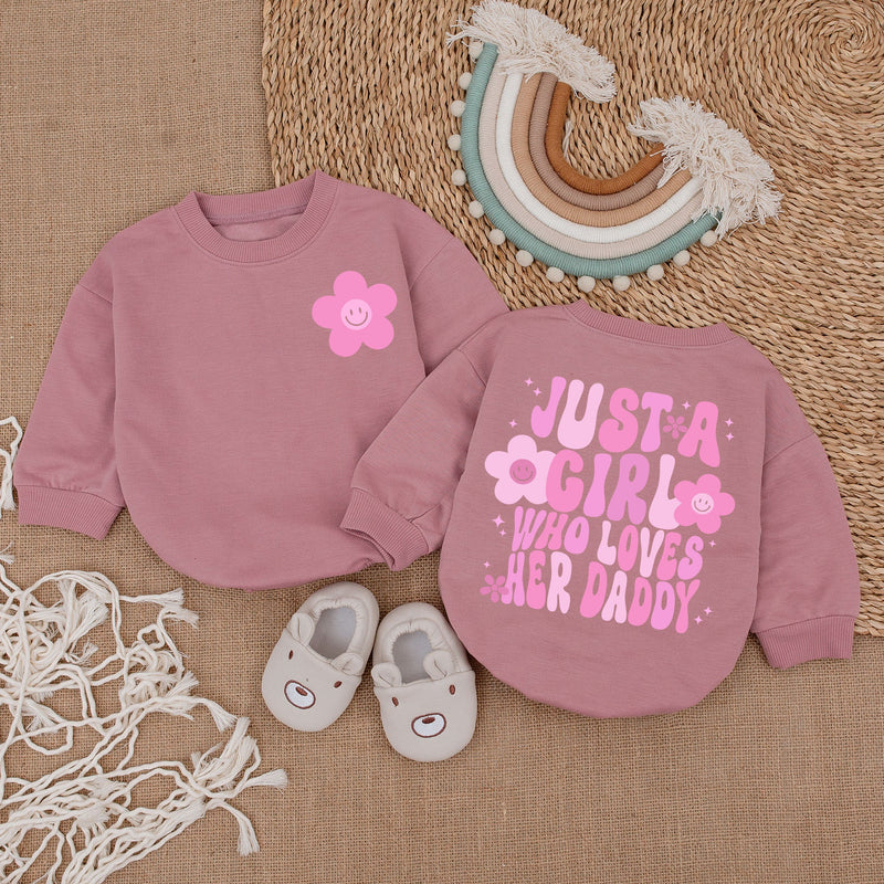 Just A Girl Who Loves Her Daddy Baby Romper, Long Sleeve Cotton Bodysuit, Floral Pink Print Outfit for Girls, Sweet Daddy's Girl Gift