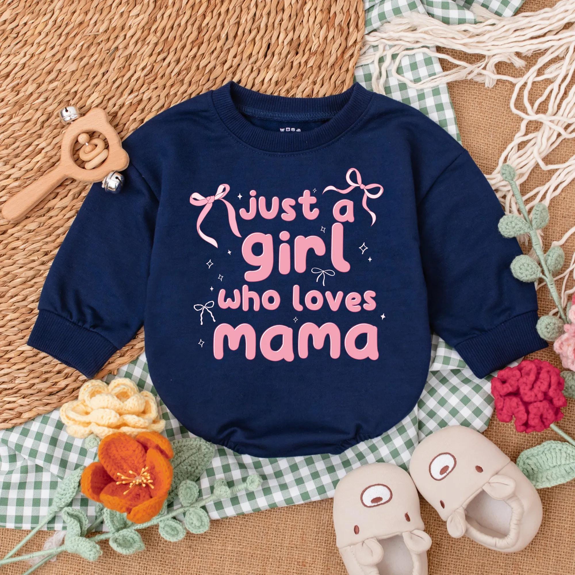 Just a Girl Who Loves Mama Baby Girl Romper Cute Pink Mother's Day Outfit First Gift Soft Cotton Playful Design Bows Stars