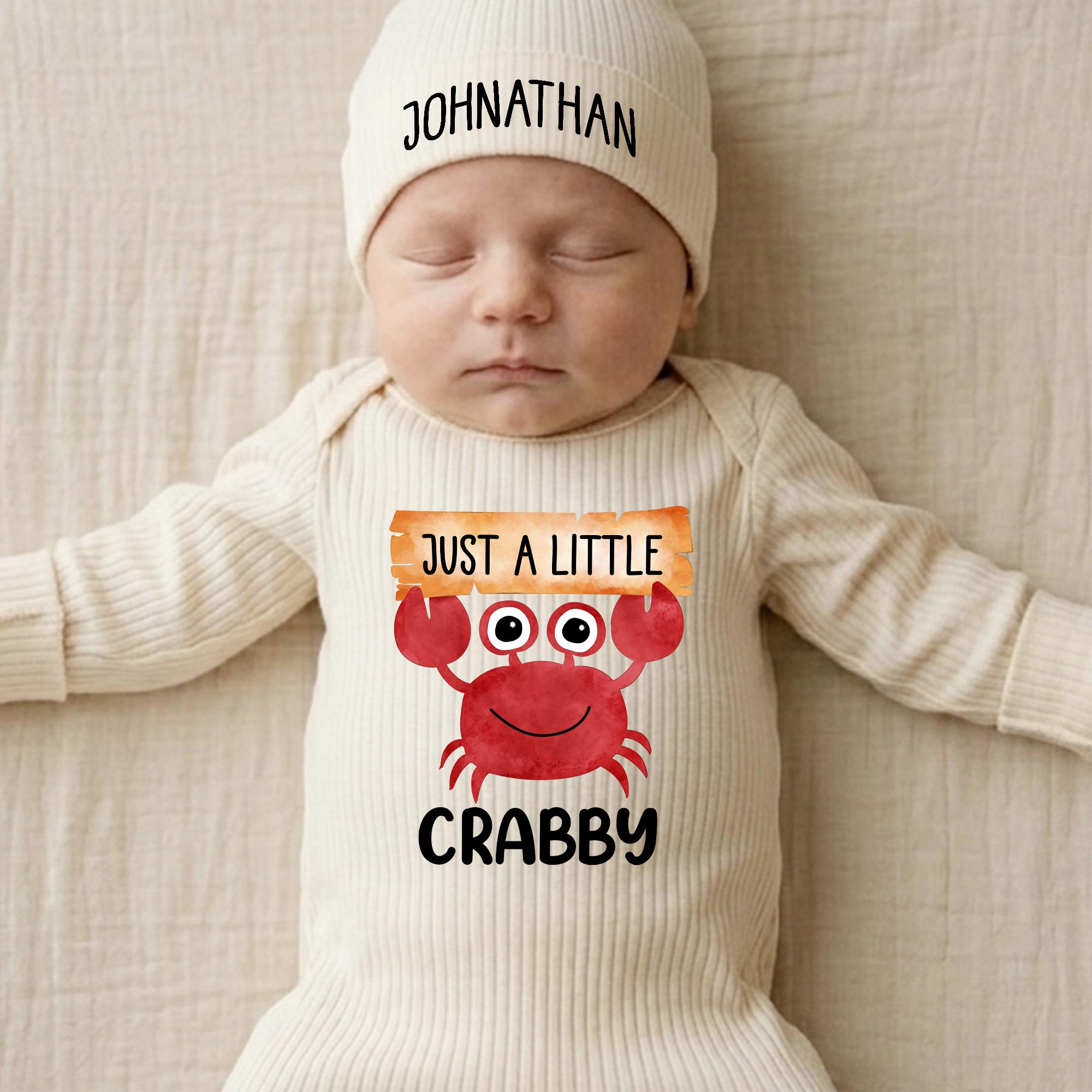 Just a Little Crabby Baby Bodysuit with Funny Red Crab Artwork and Custom Name Hat, Ribbed Newborn Outfit for Baby Shower Gift