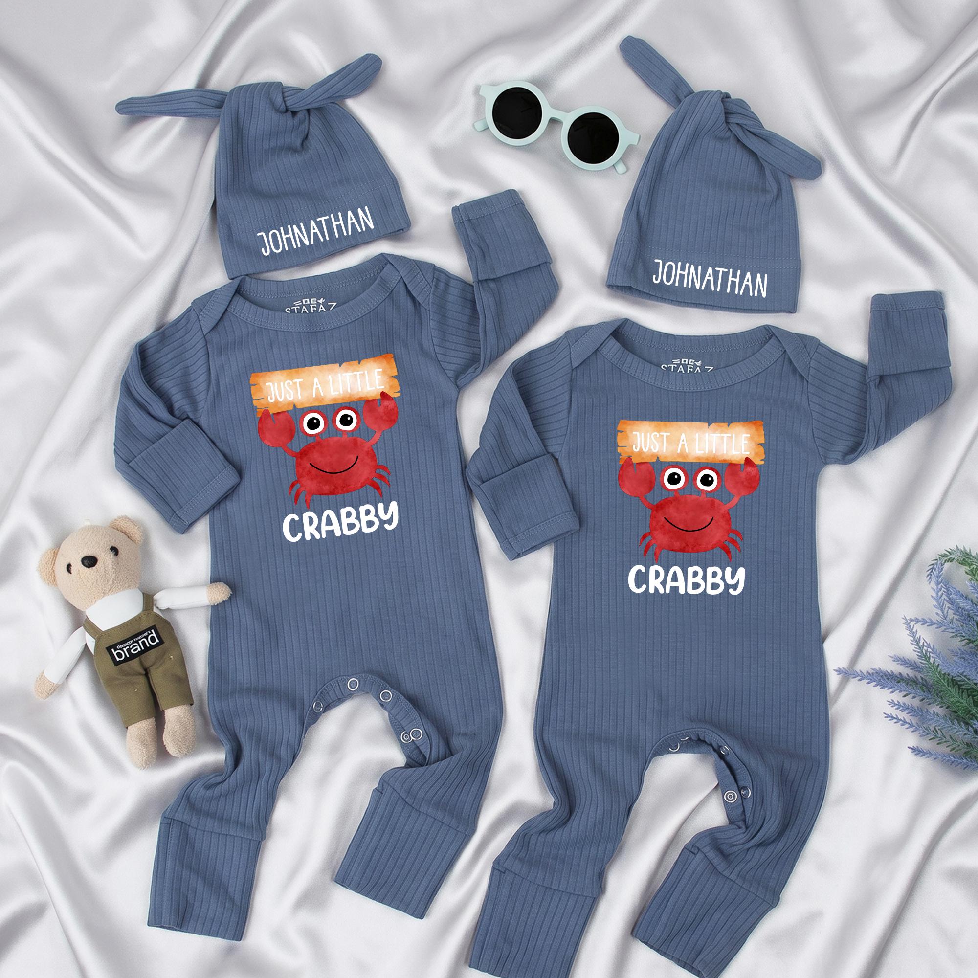 Just a Little Crabby Baby Bodysuit with Funny Red Crab Artwork and Custom Name Hat, Ribbed Newborn Outfit for Baby Shower Gift