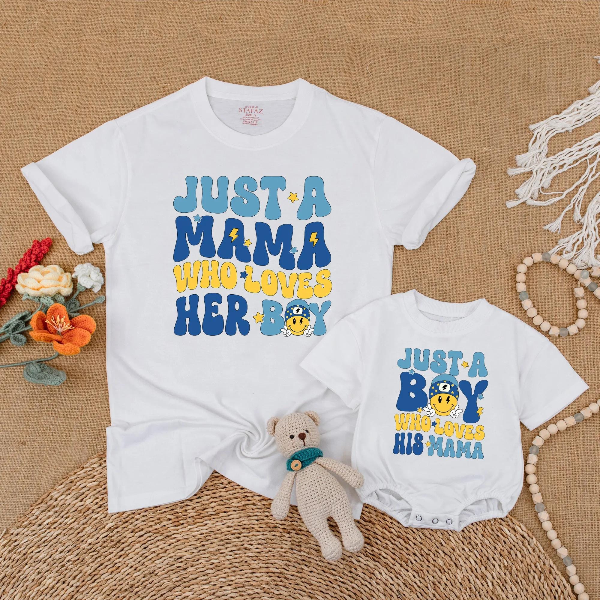 Just a Mama Who Loves Her Boy Matching Shirts for Mom and Son with Retro Smiley Face Design, Mommy and Me Outfits, Fun Family Gift