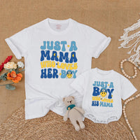 Just a Mama Who Loves Her Boy Matching Shirts for Mom and Son with Retro Smiley Face Design, Mommy and Me Outfits, Fun Family Gift
