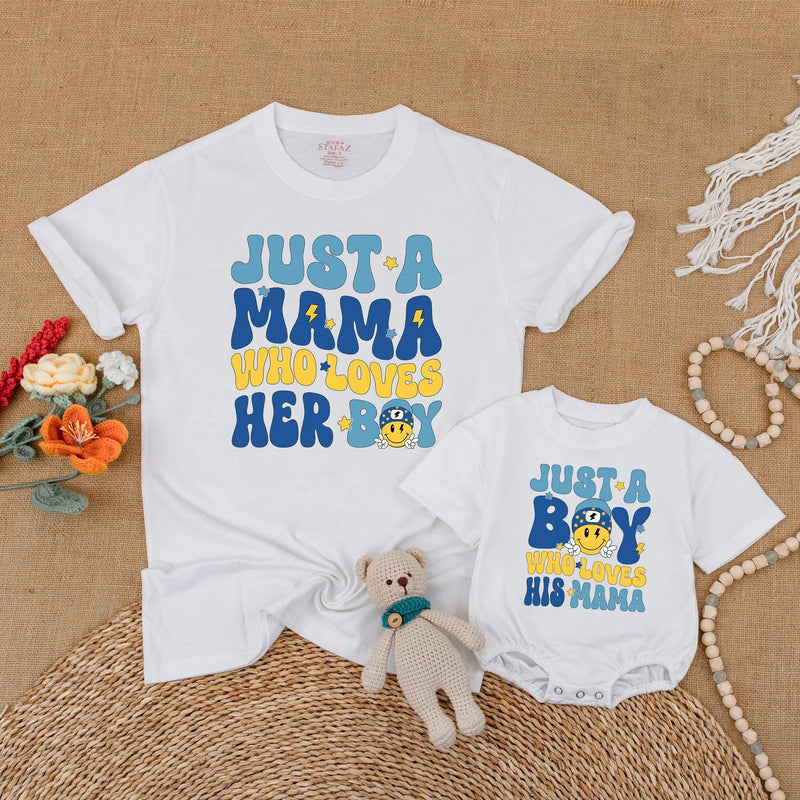 Just a Mama Who Loves Her Boy Matching Shirts for Mom and Son with Retro Smiley Face Design, Mommy and Me Outfits, Fun Family Gift