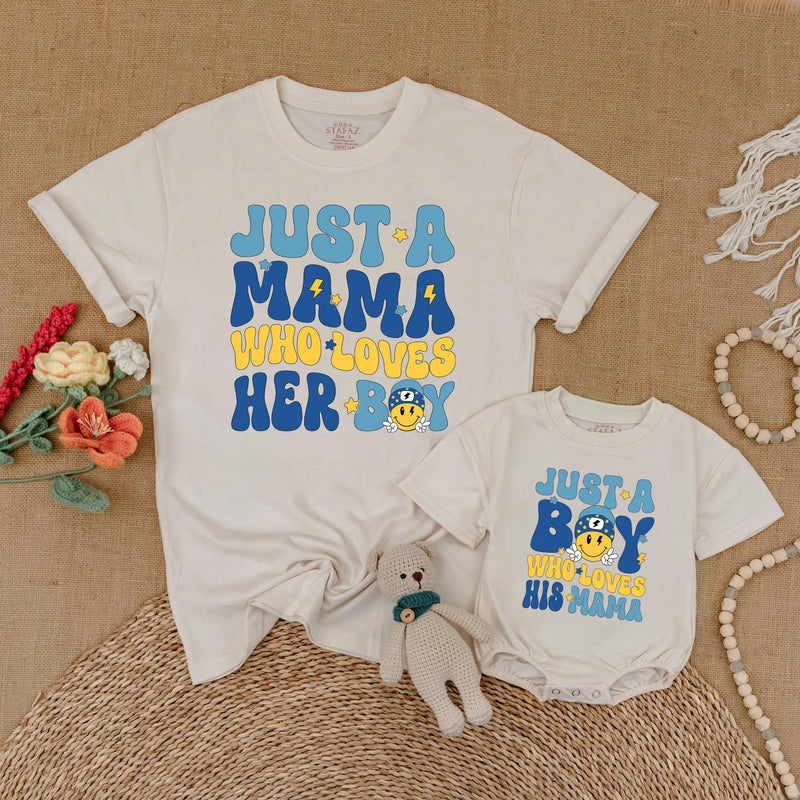 Just a Mama Who Loves Her Boy Matching Shirts for Mom and Son with Retro Smiley Face Design, Mommy and Me Outfits, Fun Family Gift
