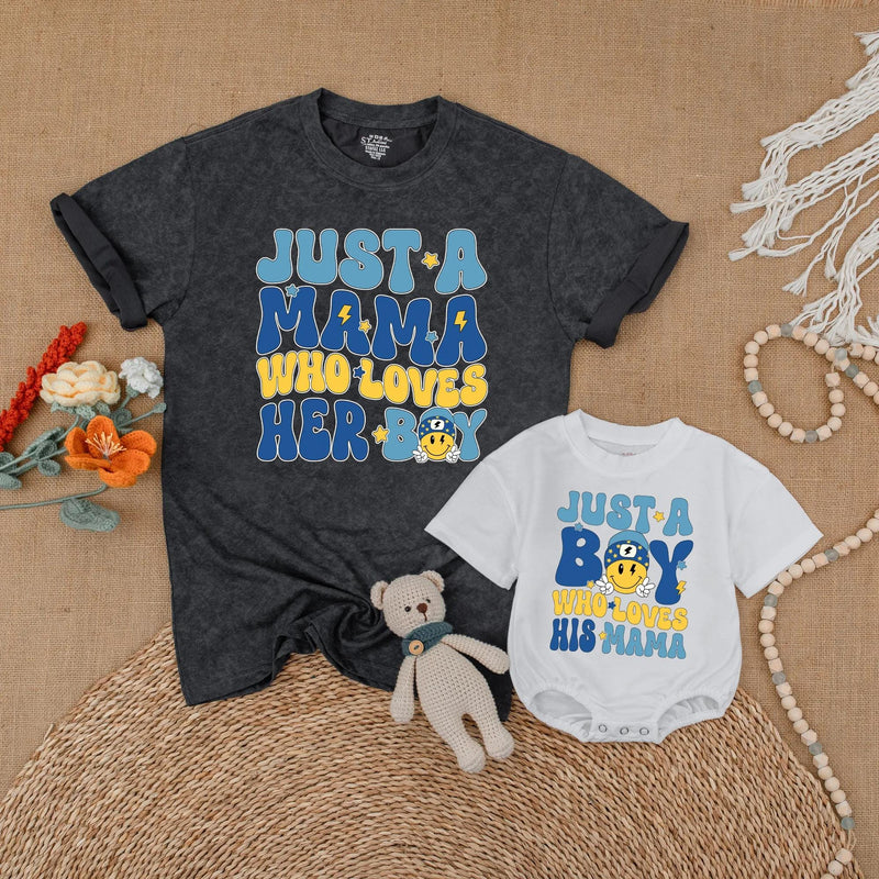 Just a Mama Who Loves Her Boy Matching Shirts for Mom and Son with Retro Smiley Face Design, Mommy and Me Outfits, Fun Family Gift