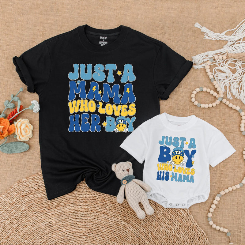 Just a Mama Who Loves Her Boy Matching Shirts for Mom and Son with Retro Smiley Face Design, Mommy and Me Outfits, Fun Family Gift