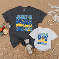 Just a Mama Who Loves Her Boy Matching Shirts for Mom and Son with Retro Smiley Face Design, Mommy and Me Outfits, Fun Family Gift