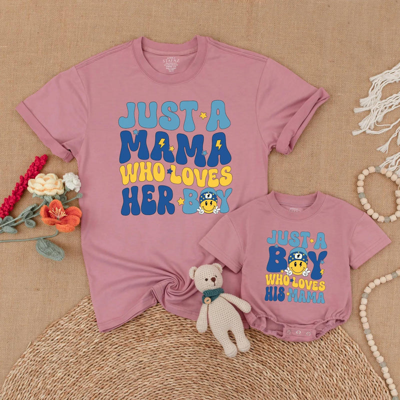 Just a Mama Who Loves Her Boy Matching Shirts for Mom and Son with Retro Smiley Face Design, Mommy and Me Outfits, Fun Family Gift