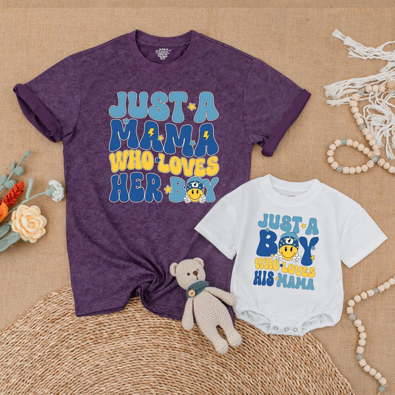 Just a Mama Who Loves Her Boy Matching Shirts for Mom and Son with Retro Smiley Face Design, Mommy and Me Outfits, Fun Family Gift