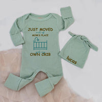 Just Moved Out of Mom's Place Baby Bodysuit and Hat Set with Custom Name Teal and Olive Design Funny Newborn Outfit Baby Shower Gift