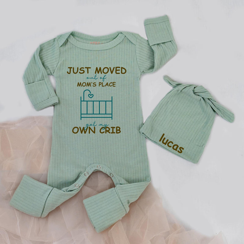 Just Moved Out of Mom's Place Baby Bodysuit and Hat Set with Custom Name Teal and Olive Design Funny Newborn Outfit Baby Shower Gift