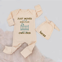 Just Moved Out of Mom's Place Baby Bodysuit and Hat Set with Custom Name Teal and Olive Design Funny Newborn Outfit Baby Shower Gift