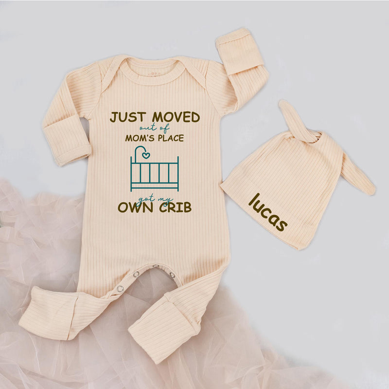 Just Moved Out of Mom's Place Baby Bodysuit and Hat Set with Custom Name Teal and Olive Design Funny Newborn Outfit Baby Shower Gift