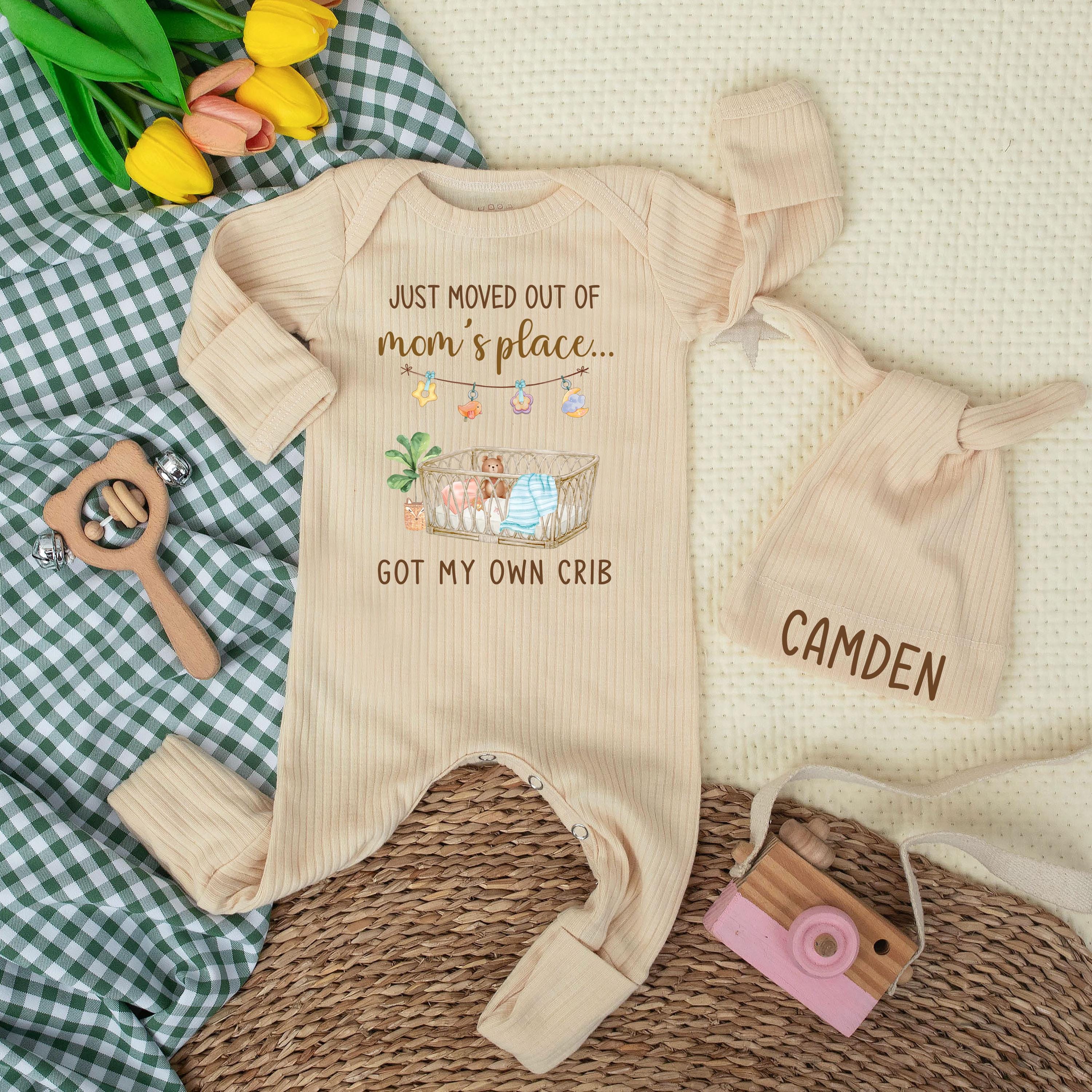 Just Moved Out of Mom's Place Baby Bodysuit with Teddy Bear Crib Design Custom Newborn Outfit Gift Soft Cotton Baby Shower Romper
