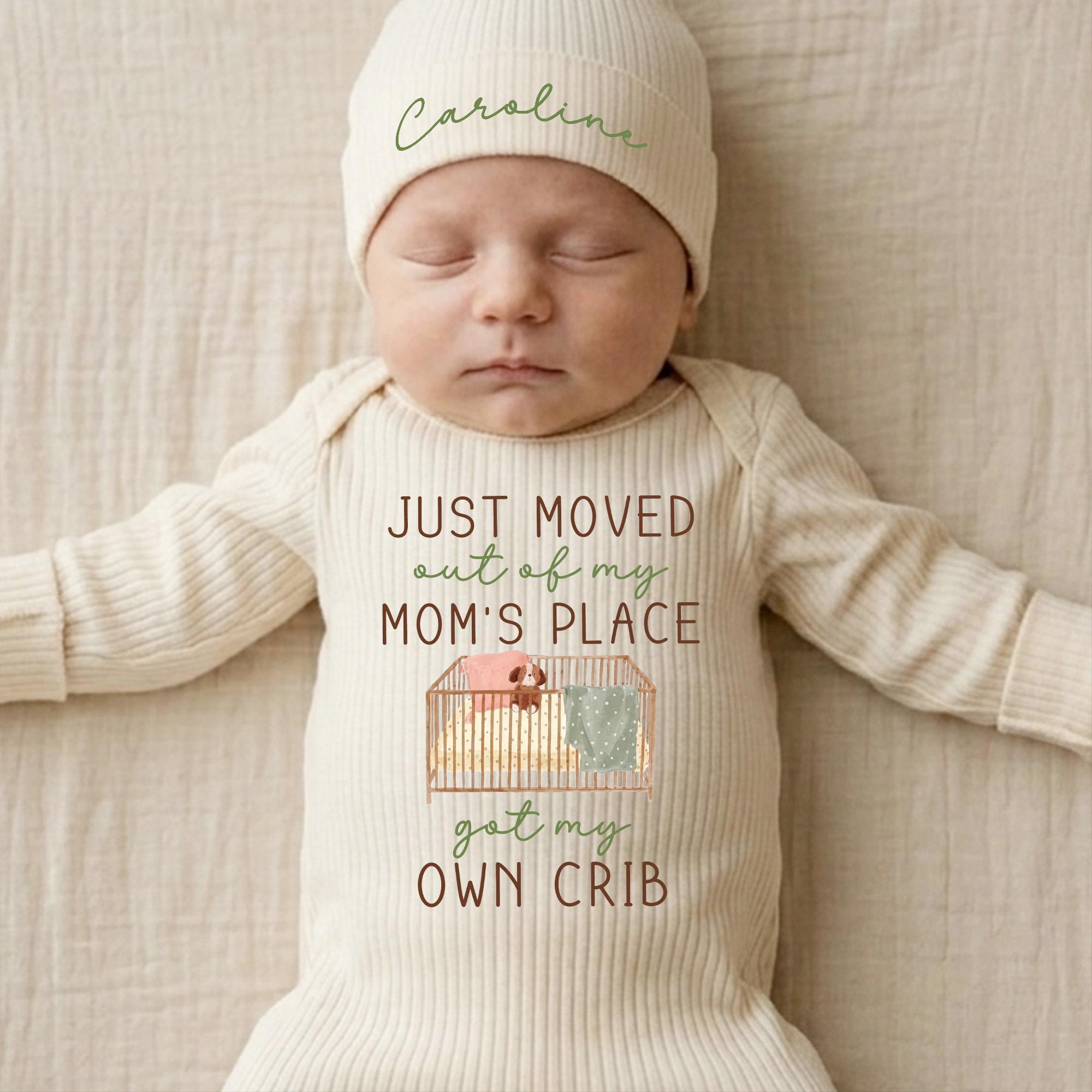 Just Moved Out of My Mom's Place Baby Bodysuit with Crib Artwork and Custom Name Hat, Funny Newborn Coming Home Outfit