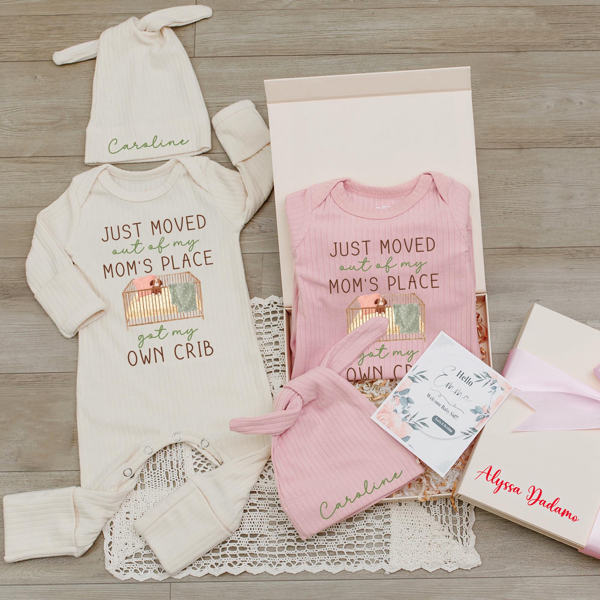 Just Moved Out of My Mom's Place Baby Bodysuit with Crib Artwork and Custom Name Hat, Funny Newborn Coming Home Outfit