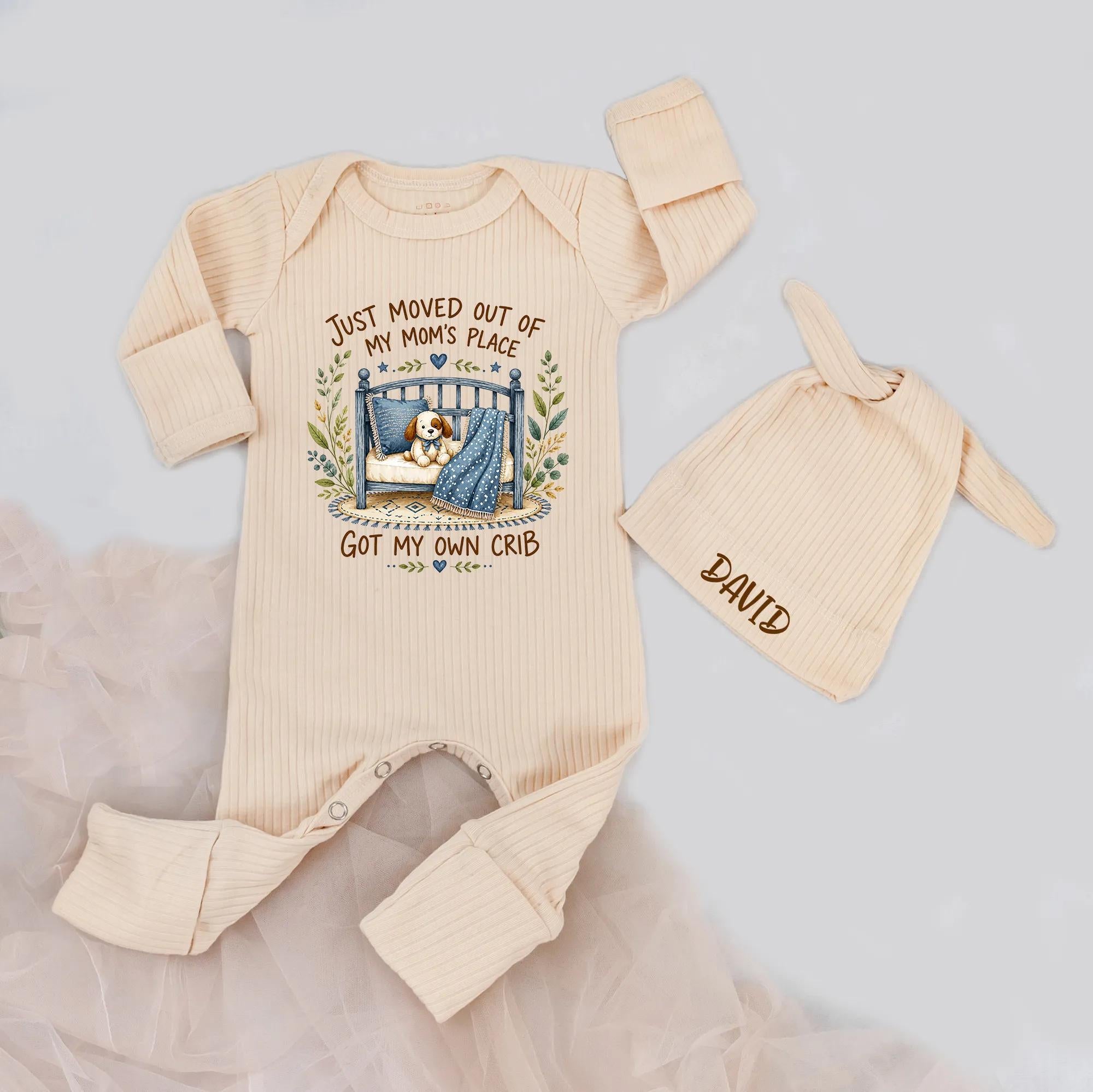 Just Moved Out of My Mom's Place Baby Bodysuit with Crib Graphic and Custom Name Hat, Funny Newborn Outfit for Baby Announcements