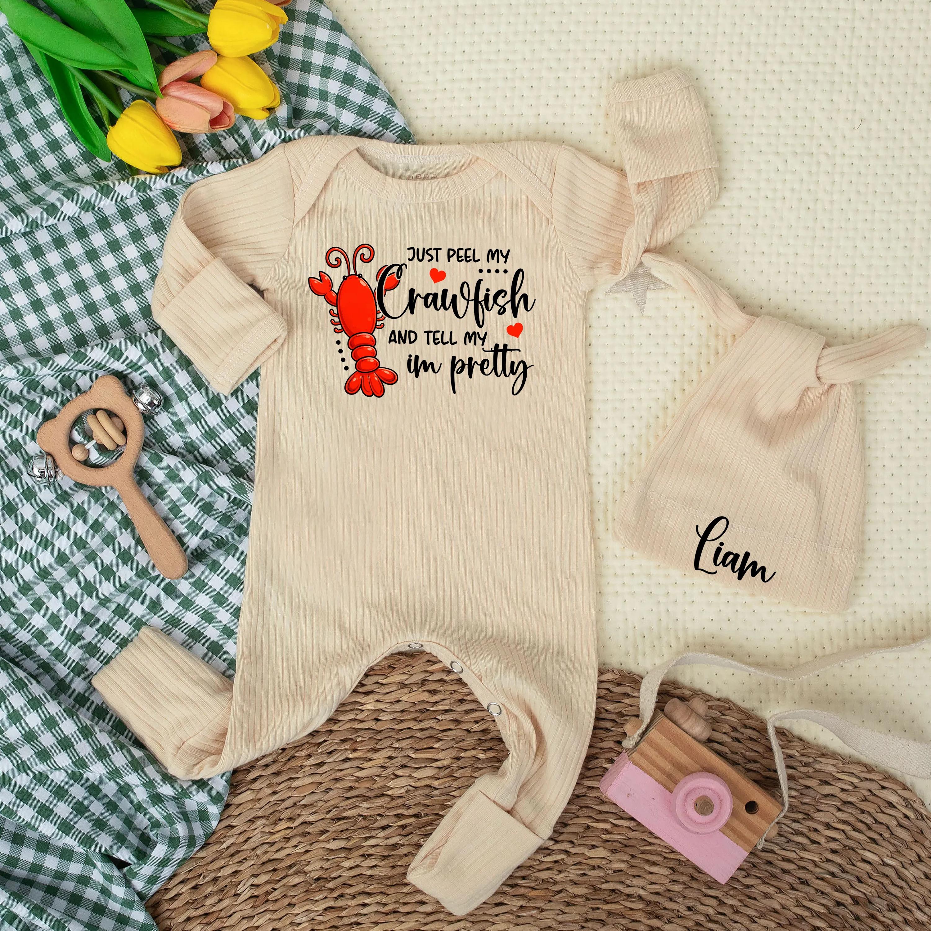 Just Peel My Crawfish Baby Bodysuit with Matching Custom Name Hat, Funny Southern Newborn Outfit, Baby Shower Gift Idea
