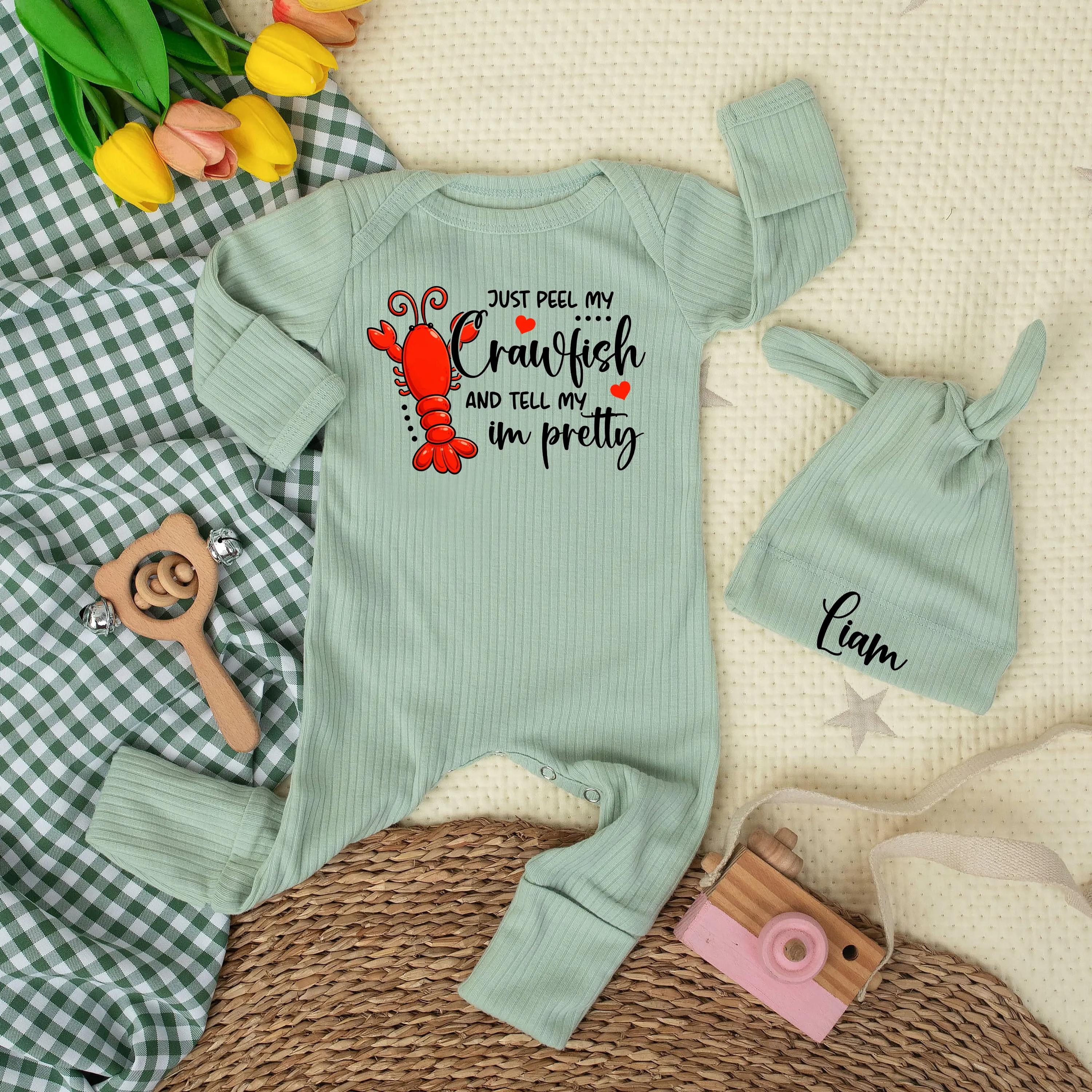 Just Peel My Crawfish Baby Bodysuit with Matching Custom Name Hat, Funny Southern Newborn Outfit, Baby Shower Gift Idea