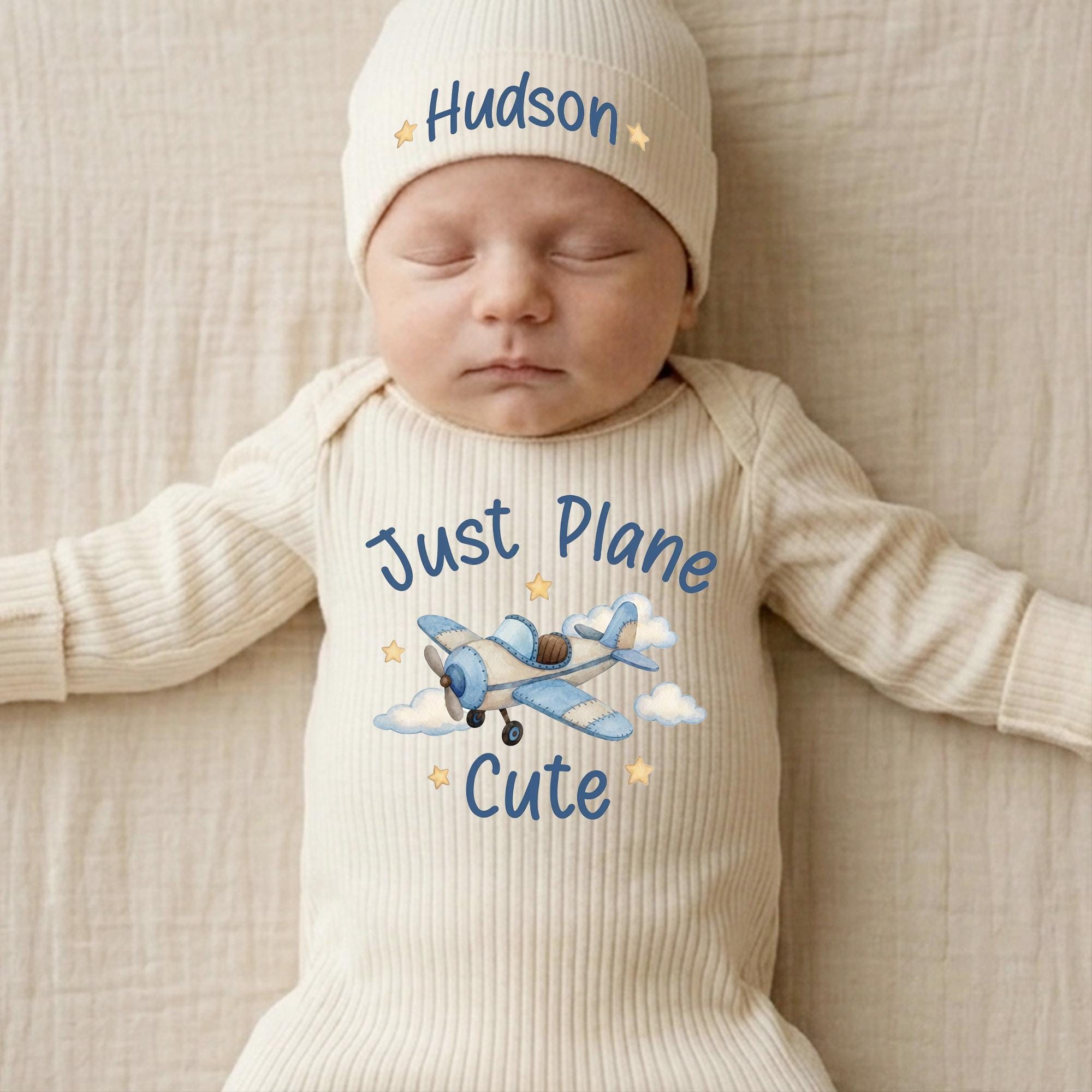 Just Plane Cute Baby Bodysuit with Airplane Graphic and Custom Name Hat, Newborn Coming Home Outfit for Boys or Girls