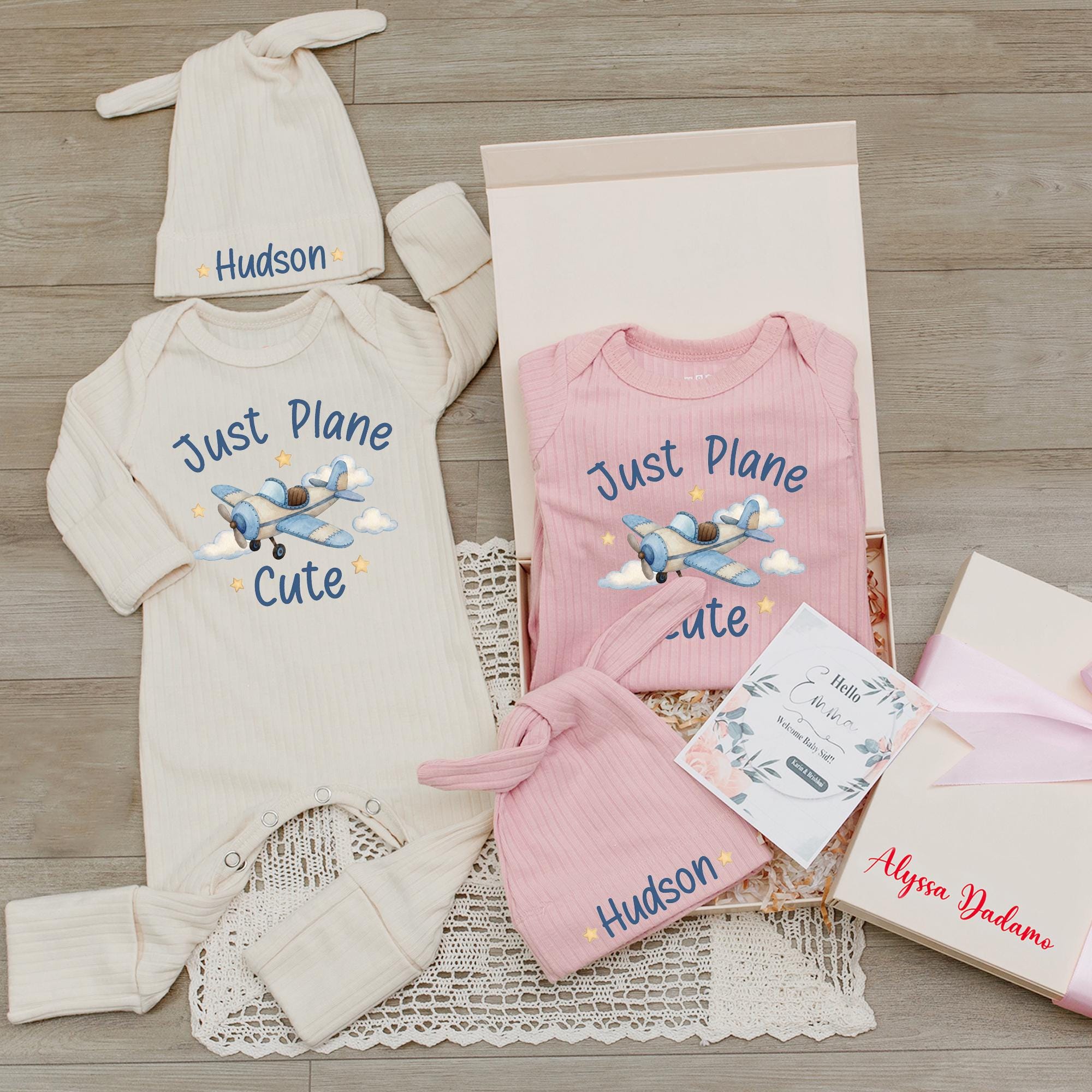 Just Plane Cute Baby Bodysuit with Airplane Graphic and Custom Name Hat, Newborn Coming Home Outfit for Boys or Girls