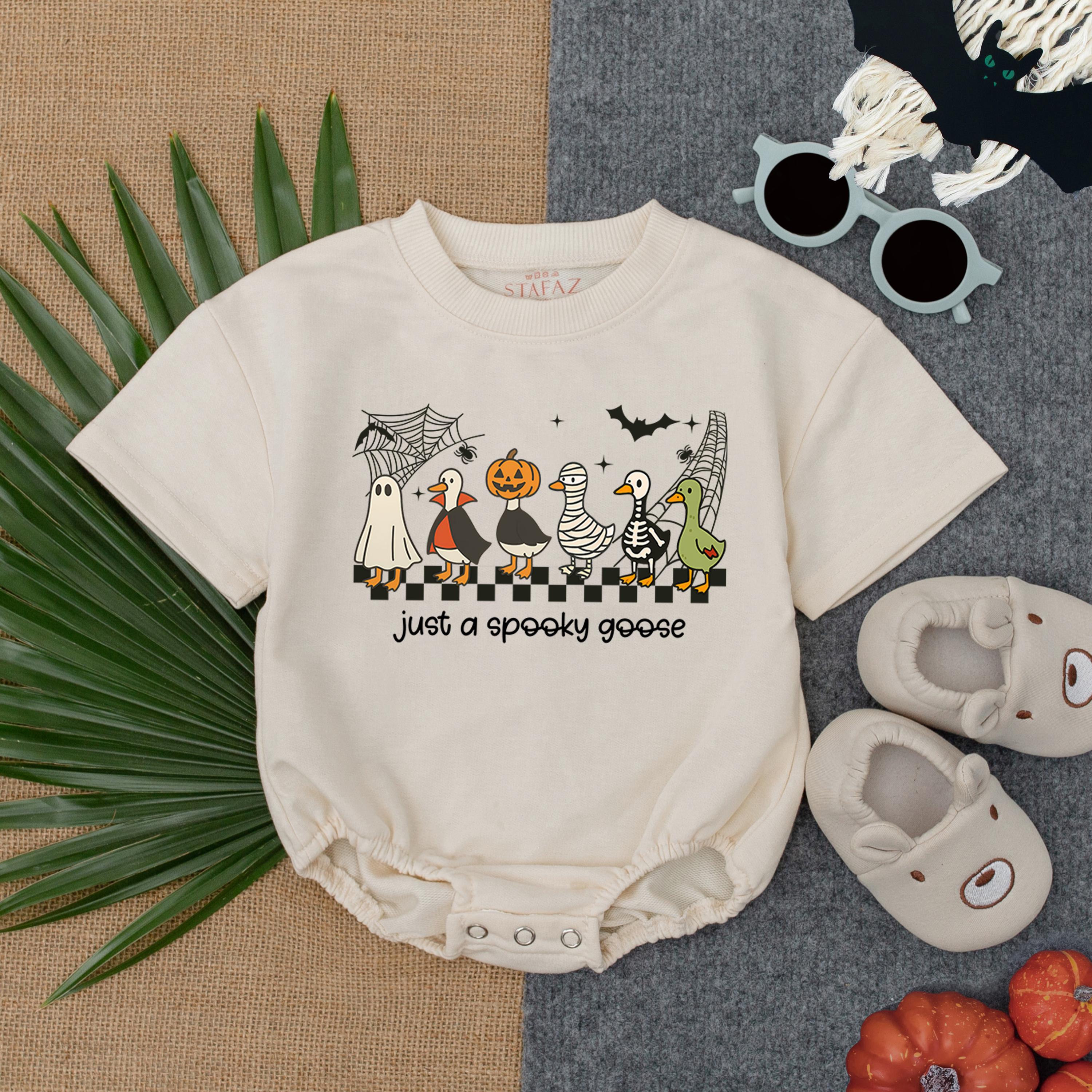 Just A Spooky Goose Baby Romper Halloween Outfit with Cartoon Ghost Pumpkin Skeleton Fun Fall Bodysuit Infant Gift Cute Seasonal Apparel