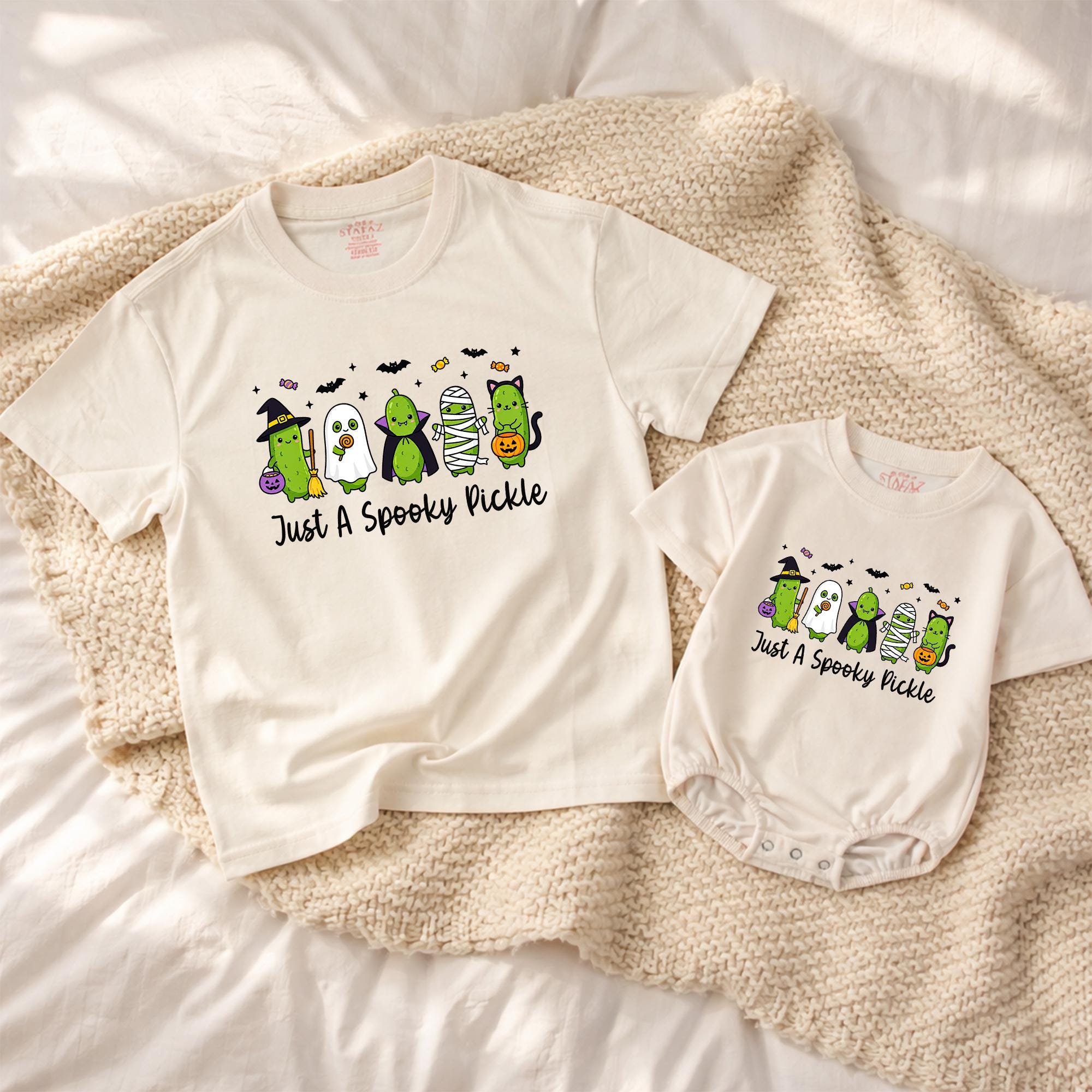 Just A Spooky Pickle Halloween Baby Romper and Matching Family Shirt Set, Funny Custom Name Outfit for Fall Pumpkin Patch
