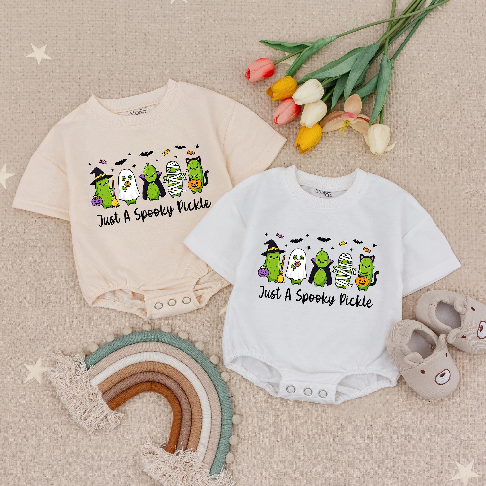 Just A Spooky Pickle Halloween Baby Romper and Matching Family Shirt Set, Funny Custom Name Outfit for Fall Pumpkin Patch