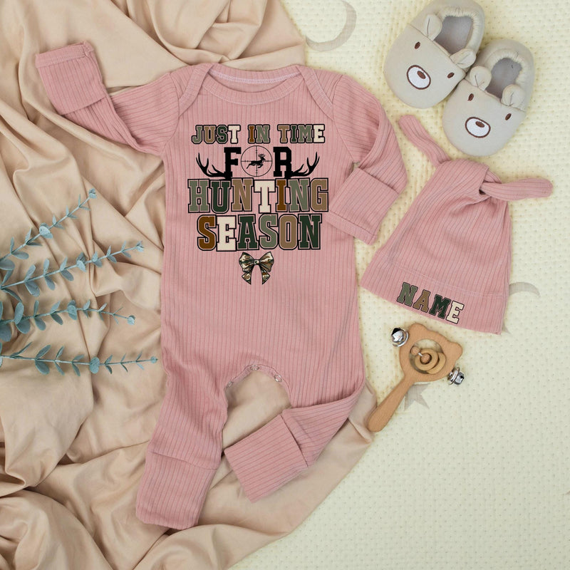 Just in Time for Hunting Season Baby Bodysuit with Camo Bow, Retro Deer Antler Design, Infant Outdoor Clothes, Rustic Hunting Outfit
