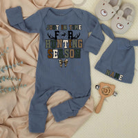 Just in Time for Hunting Season Baby Bodysuit with Camo Bow, Retro Deer Antler Design, Infant Outdoor Clothes, Rustic Hunting Outfit