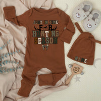 Just in Time for Hunting Season Baby Bodysuit with Camo Bow, Retro Deer Antler Design, Infant Outdoor Clothes, Rustic Hunting Outfit