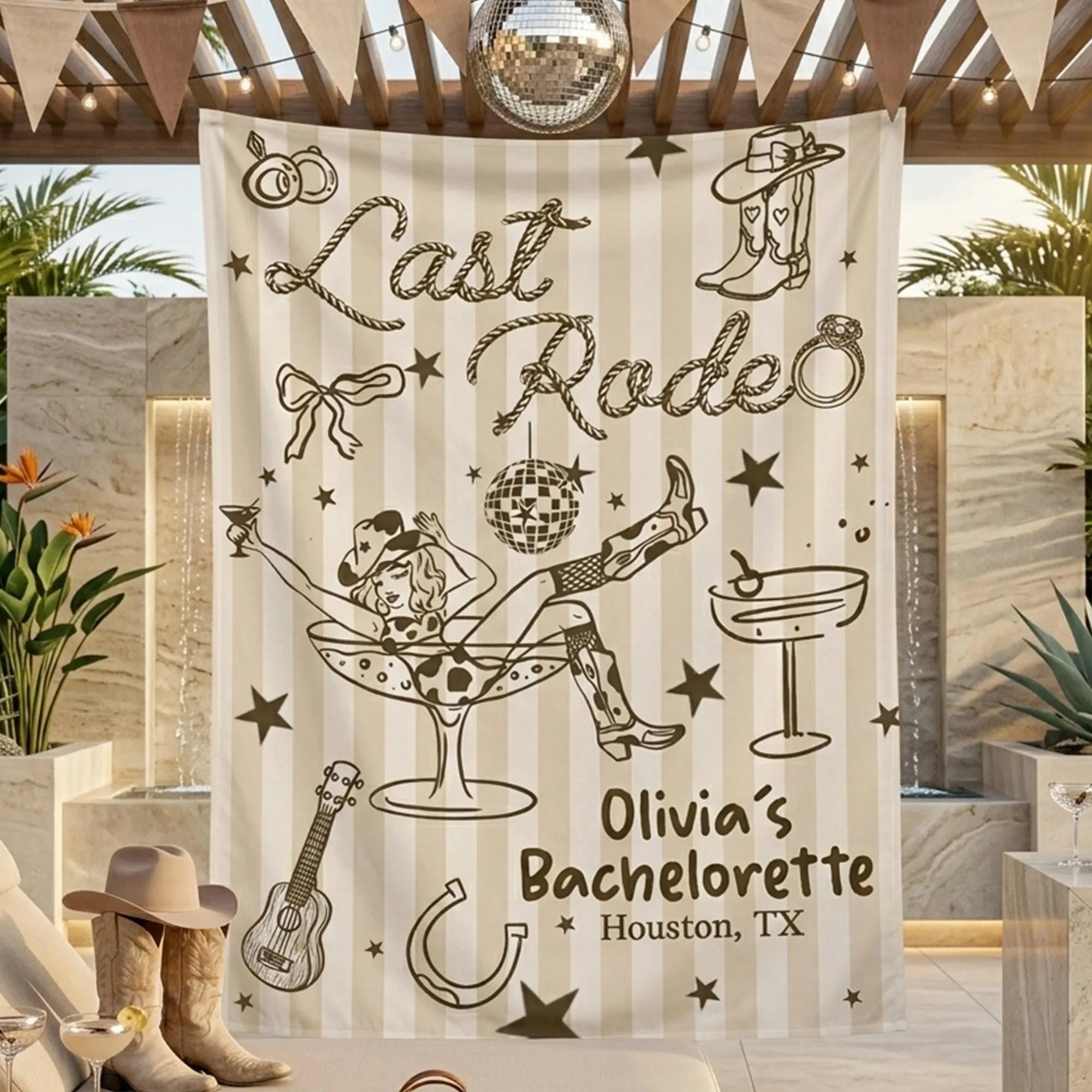 Last Rodeo Bachelorette Party Banner with Custom Name Western Backdrop Cowgirl Design Houston TX Fun Photo Prop Beige Brown Decor