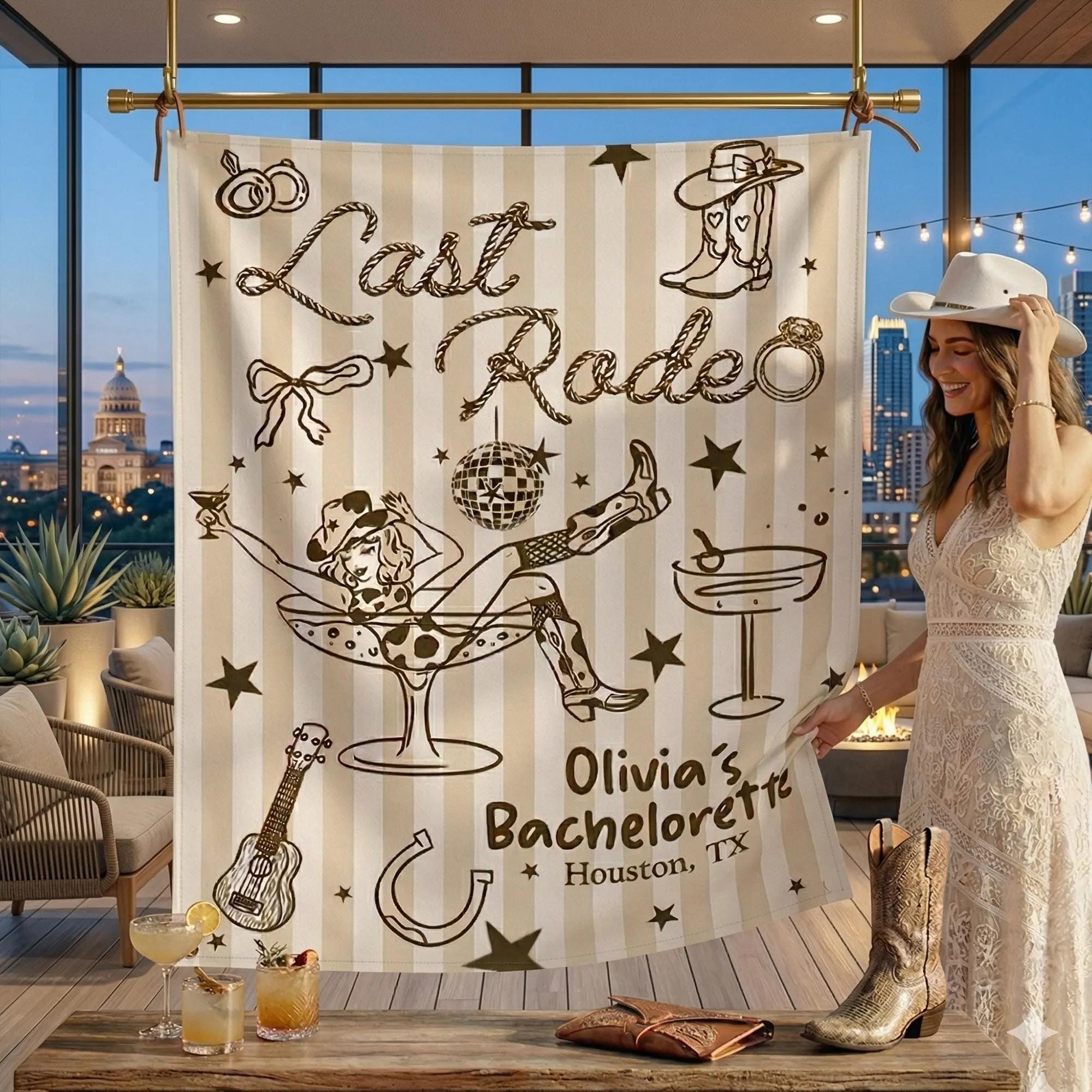 Last Rodeo Bachelorette Party Banner with Custom Name Western Backdrop Cowgirl Design Houston TX Fun Photo Prop Beige Brown Decor