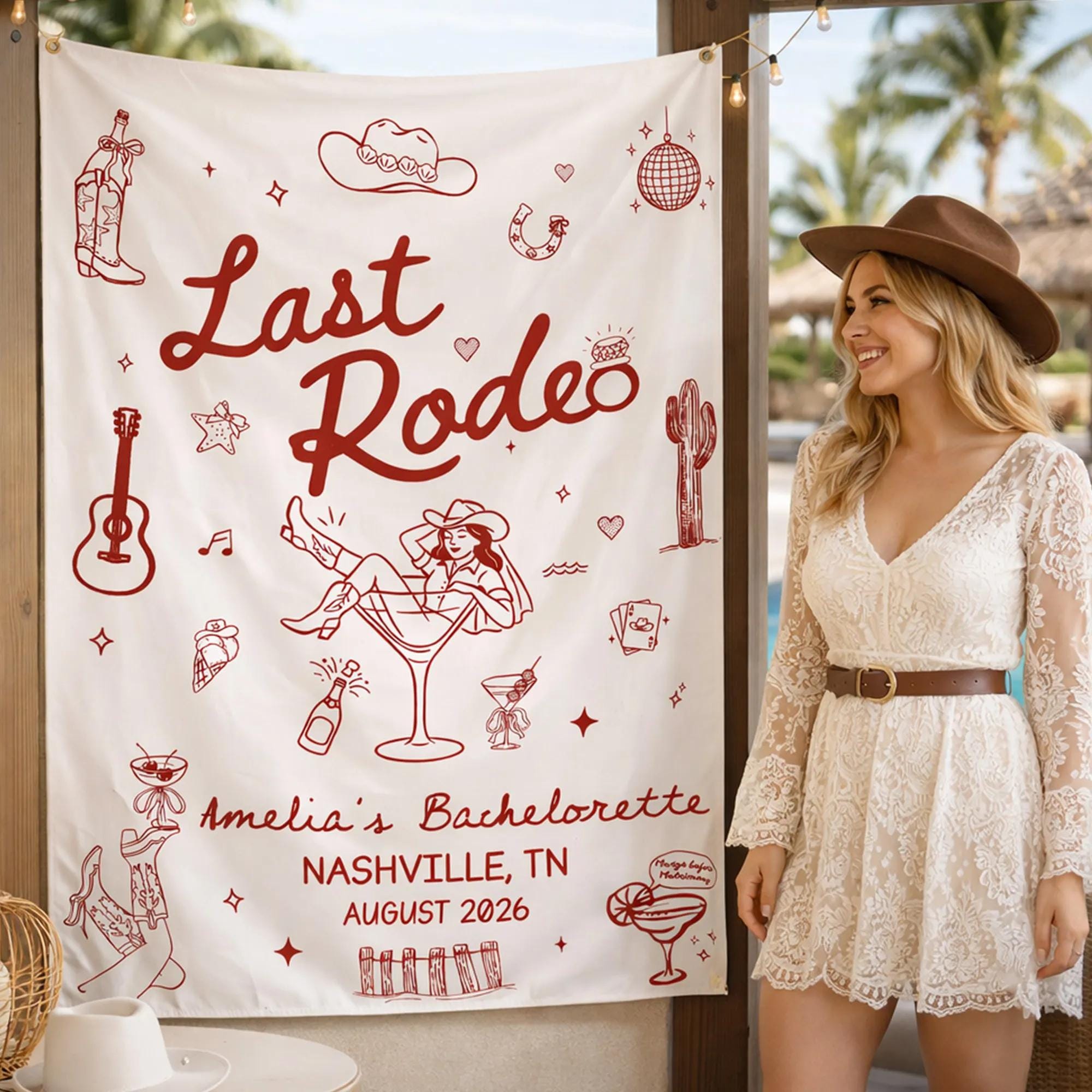 Last Rodeo Coastal Cowgirl Bachelorette Party Backdrop Personalized Western Decor for Nashville Theme with Red Vintage Design