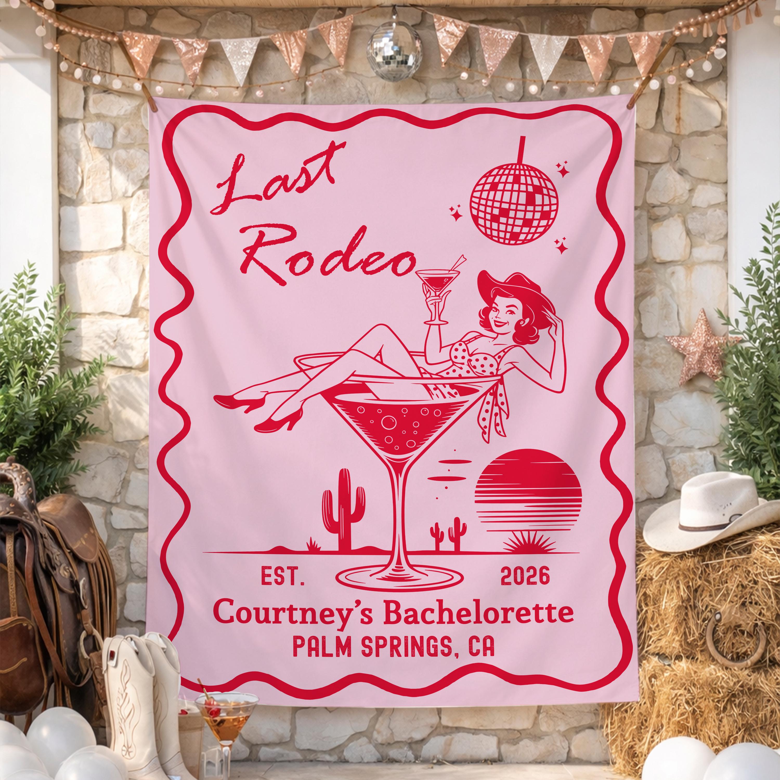 Last Rodeo Cowgirl Bachelorette Silk Backdrop with Retro Disco Theme, Red and Pink Western Party Banner, Personalized Palm Springs Decor